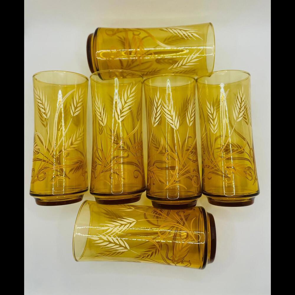 Libbey Gold Harvest Pattern Set Of 6 Glasses 1970 MCM Tumblers, MCM Barware